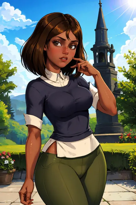 masterpiece, best quality, <lora:shadman-guy-v2:0.95>, shadman, 1girl, solo, looking at viewer, breasts, outdoors, <lora:courtneytd:0.95> courtneytd, freckles, dark skin, pants, shirt