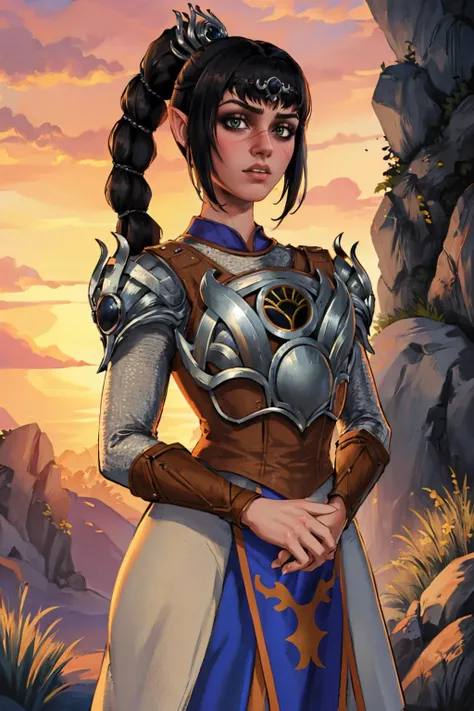 masterpiece, best quality, <lora:shadman-guy-v2:0.95>, shadman, 1girl, solo, looking at viewer, breasts, <lora:shadowheart:0.95>, shadowheart, pointy ears, braid, ponytail, hair ornament, scar, bangs, armor, shoulder armor, breastplate, pauldrons