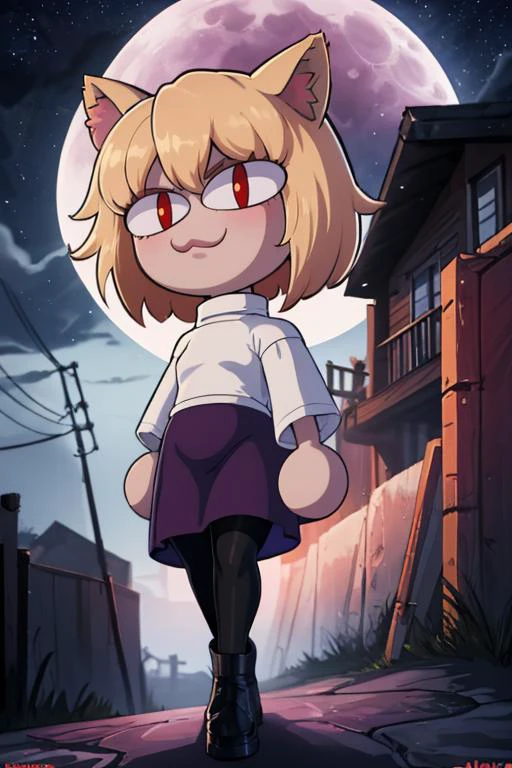 (masterpiece, best quality:1.2), <lora:shadman:1> shadman, <lora:necoarc:1>, necoarc, slit pupils, cat ears, blonde hair, red eyes, chibi, 1girl, solo, white turtleneck, purple skirt, pantyhose, looking at viewer, outdoors, night sky, full moon,