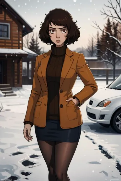 (masterpiece, best quality:1.2), <lora:shadman:0.9> shadman, <lora:sadayokawakami:.9>, sadayokawakamicoat, 1girl, solo, breasts, skirt, large breasts, mature female, jacket, pencil skirt, pantyhose, sweater, coat, turtleneck, ribbed sweater, brown jacket, turtleneck sweater, brown coat, outdoors, snowing, snow, looking at viewer,