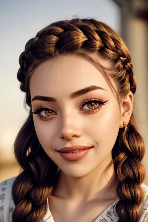 photo of <lora:sd15_ShaelahMcGilton_v1-000018:.9> ShaelahMcGilton lipstick invisible makeup wing eyeliner, focus on eyes, close up on face, huge smile, hair styled twisted crown braid, ND filter