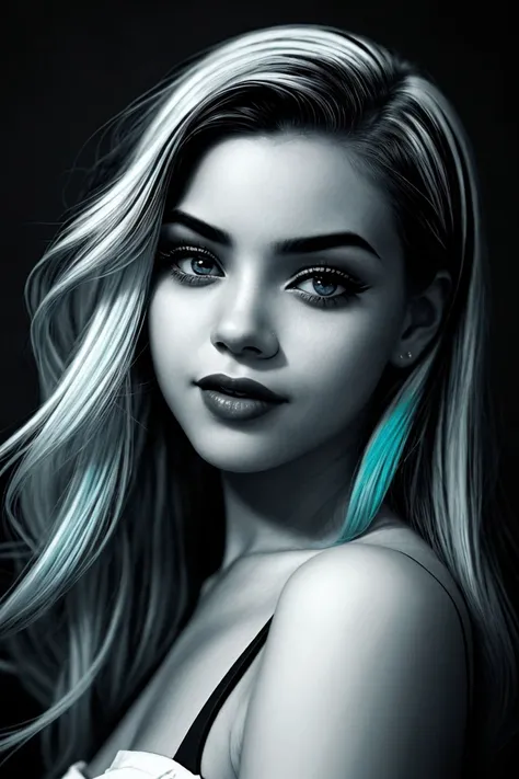 (film noir style, black and white, high contrast, mystery, detailed:1.15), <lora:sd15_ShaelahMcGilton_v1-000018:.9> ShaelahMcGilton, focus on eyes, close up on face, smiling, light blue hair styled ombre lob hair,