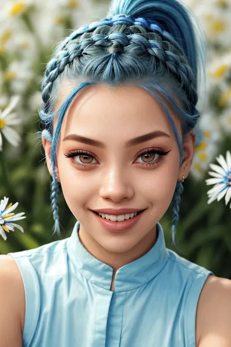 photo of <lora:sd15_ShaelahMcGilton_v1-000018:.9> ShaelahMcGilton lipstick invisible makeup wing eyeliner, focus on eyes, close up on face, laughing, cornflower blue color hair styled braided ponytail hair,