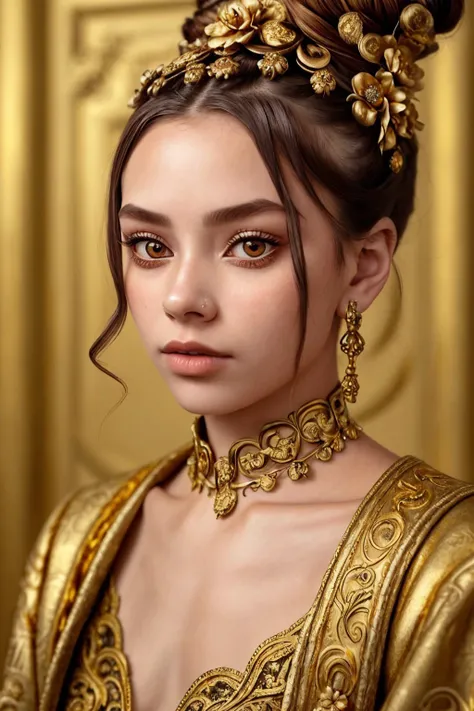 (baroque style, ornate, gold, dramatic, highly detailed:1.15), <lora:sd15_ShaelahMcGilton_v1-000018:.9> ShaelahMcGilton, focus on eyes, close up on face, wearing jewelry, hair styled flower bun, ND filter