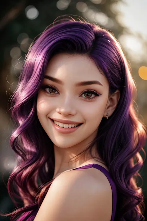 photo of <lora:sd15_ShaelahMcGilton_v1:.9> ShaelahMcGilton, focus on eyes, close up on face, laughing, wearing jewelry, medium purple navy color hair styled loose waves hair, lens flare