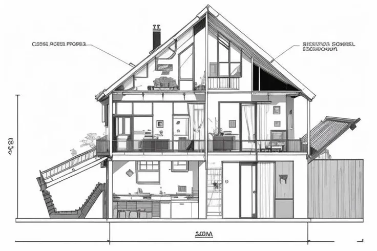 2dimensional straight on view of ((Interior cross section of 2-story midwest home)), 2D, line drawing, sketch, B&W, linear drawing of home's cross section of 3 bedrooms, 2 baths, kitchen, play area, mechanical room and bonus loft, masterpiece,best quality,indoors,no humans,scenery,simple background,building,architecture,lineart,
<lora:Architectural cross section perspective:0.7>,