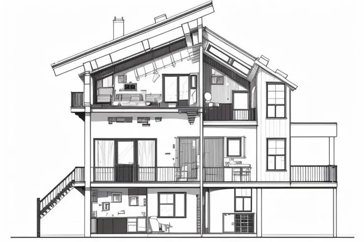 2dimensional straight on view of ((Interior cross section of 2-story midwest home)), 2D, line drawing, sketch, B&W, linear drawing of home's cross section of 3 bedrooms, 2 baths, kitchen, play area, mechanical room and bonus loft, masterpiece,best quality,indoors,no humans,scenery,simple background,building,architecture,lineart, 
<lora:Architectural cross section perspective:0.7>,