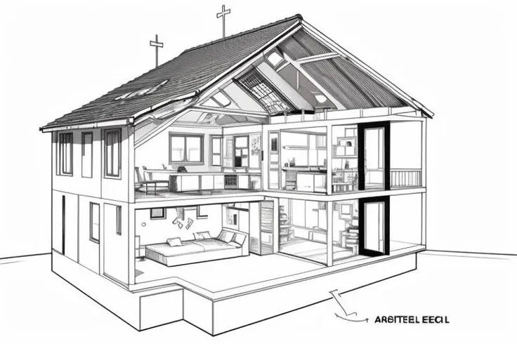 2dimensional straight on view of ((Interior cross section of 2-story midwest home)), 2D, line drawing, sketch, B&W, linear drawing of home's cross section of 3 bedrooms, 2 baths, kitchen, play area, mechanical room and bonus loft, masterpiece,best quality,indoors,no humans,scenery,simple background,building,architecture,lineart, 
<lora:Architectural cross section perspective:0.7>,