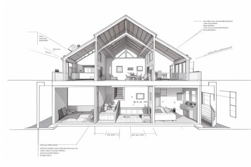 ((Interior cross section of 2-story midwest home)), 2D, line drawing, sketch, linear of cross section masterpiece,best quality,indoors,no humans,scenery,simple background,building,architecture,lineart,
<lora:Architectural cross section perspective:0.7>,