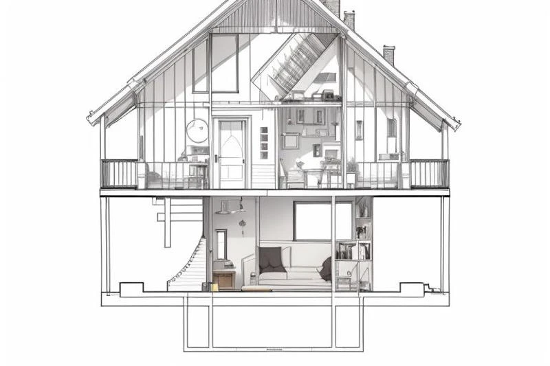 ((Interior cross section of 2-story midwest home)), 2D, line drawing, sketch, linear of cross section masterpiece,best quality,indoors,no humans,scenery,simple background,building,architecture,lineart,
<lora:Architectural cross section perspective:0.7>,