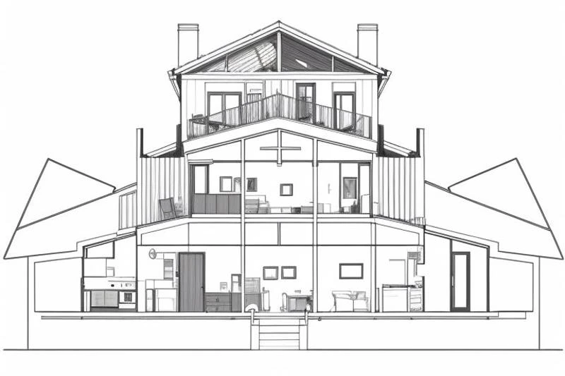 ((Interior cross section of 2-story midwest home)), 2D, line drawing, sketch, linear of cross section masterpiece,best quality,indoors,no humans,scenery,simple background,building,architecture,lineart, 
<lora:Architectural cross section perspective:0.7>,