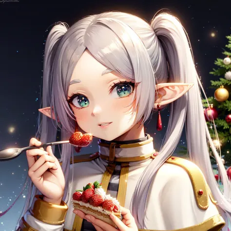 masterpiece, best quality, ultra-detailed, glowing light, (detailed background, complex background:1.2), (perfect face, detailed face), full-face blush, parted lips, <lora:frieren:1>, frieren, 1girl, long hair, pointy ears, twintails, jewelry, elf, earrings, capelet, white capelet, long sleeves, parted bangs, dress,belt,
<lora:happyChristmas:0.4>,feedingCake,christmas,christmas lights,christmas ornaments,christmas tree,merry christmas,solo focus,(((feeding cup of cake in spoon to viewer,feeding,spoon,holding spoon,incoming food))),
<lyco:muririn1-000004:0.4> muririn style,