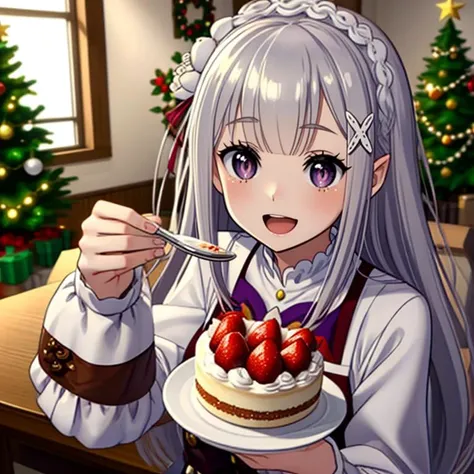 <lora:LCM_LoRA_Weights_SD15:1>,masterpiece,best quality,highly detailed,1girl,solo,smile,light smile,open mouth,
<lora:EmiliaV25:1>, emilia,medium_breasts,cleavage,very_long_hair,white_thigh_boots,
BREAK
<lora:happyChristmas:0.4>,feedingCake,christmas,christmas lights,christmas ornaments,christmas tree,merry christmas,solo focus,(((feeding cup of cake in spoon to viewer,feeding,spoon,holding spoon,incoming food))),