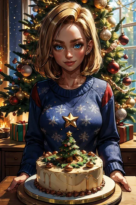 Android_18_DB, blonde hair, blue eyes, wearing a christmas sweater, looking at viewer, serious, smiling, upper body shot, 
celebrateCake,christmas,christmas lights,christmas ornaments,christmas tree,celebrateCake, standing next to a christmas cake,high quality, masterpiece,<lora:happyChristmas:.3>  <lora:Android_18_DB:.7>