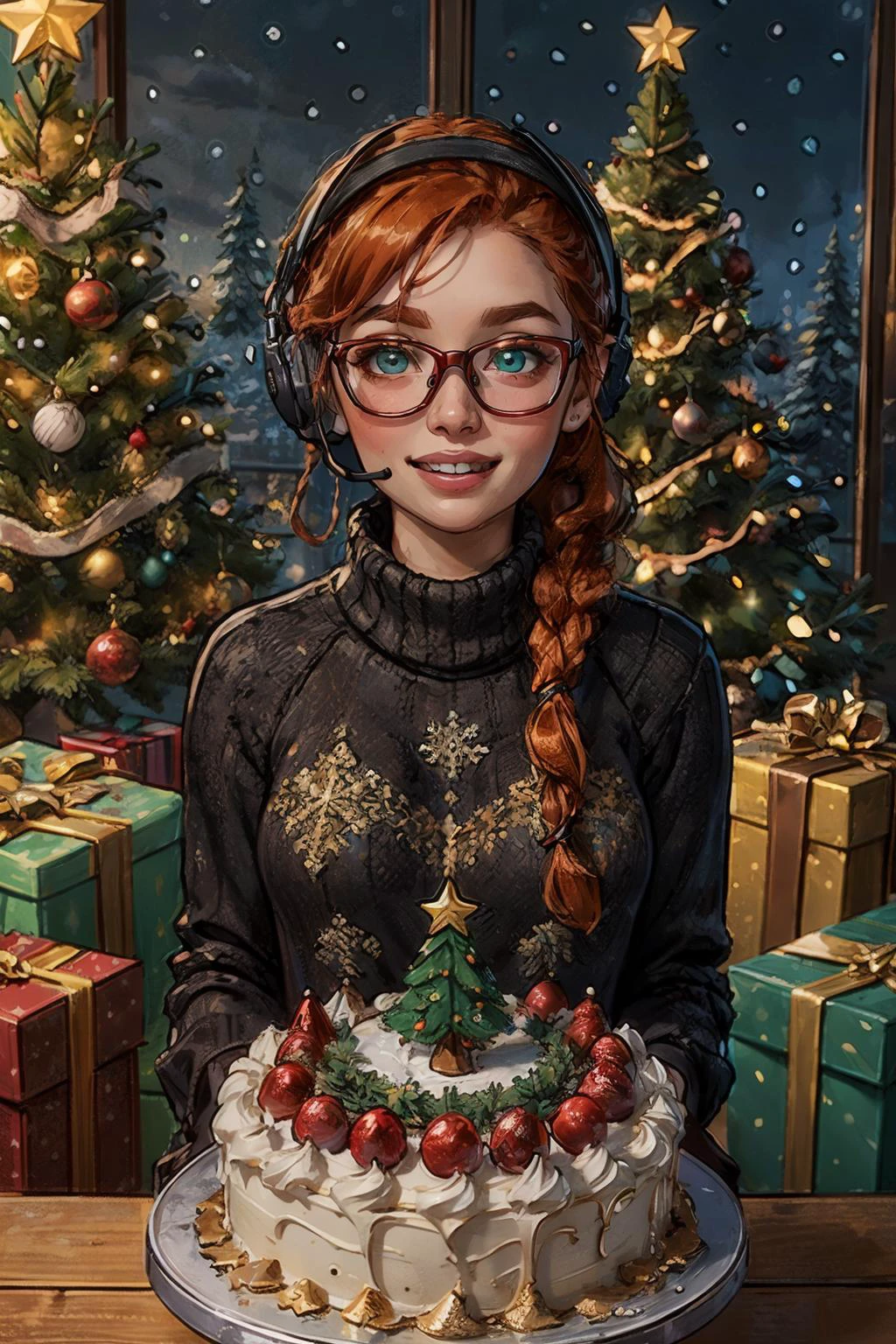 lis, orange hair, one braid, green eyes, glasses, headset, wearing christmas sweater, looking at viewer, smiling, happy, teeth, upper body shot,
celebrateCake,christmas,christmas lights,christmas ornaments,christmas tree,celebrateCake, standing next to a christmas cake,high quality, masterpiece,<lora:happyChristmas:.2> <lora:lis_(battlefield_2042):.6>