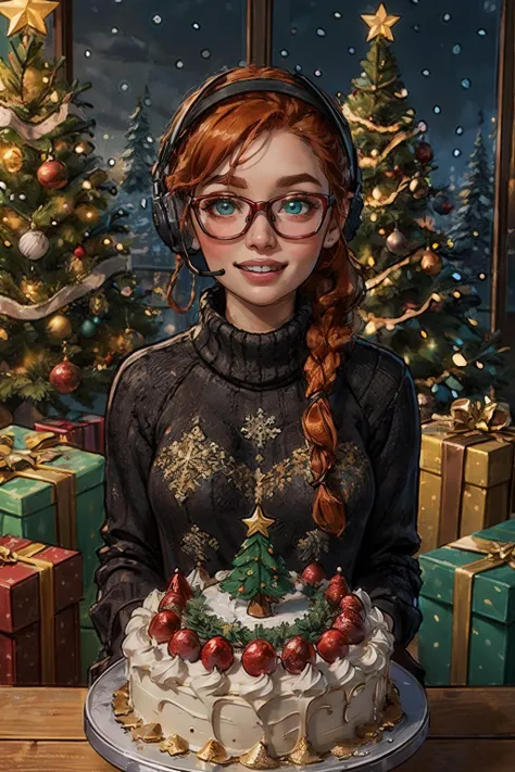 lis, orange hair, one braid, green eyes, glasses, headset, wearing christmas sweater, looking at viewer, smiling, happy, teeth, upper body shot, 
celebrateCake,christmas,christmas lights,christmas ornaments,christmas tree,celebrateCake, standing next to a christmas cake,high quality, masterpiece,<lora:happyChristmas:.2> <lora:lis_(battlefield_2042):.6>