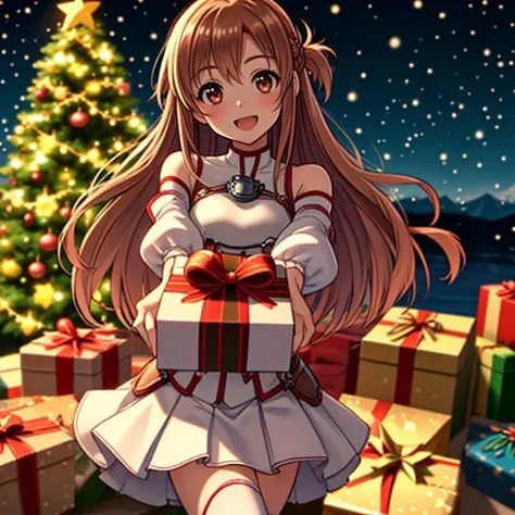 <lora:LCM_LoRA_Weights_SD15:1>,masterpiece,best quality,highly detailed,1girl,solo,smile,light smile,open mouth,
<lora:asuna_(sao)_v1:0.7>, aaasuna,long hair,brown hair,braid,brown eyes,bare shoulders,armor,breastplate,white sleeves,detached sleeves,red skirt,pleated skirt,white thighhighs,
BREAK
<lora:happyChristmas:0.4>,christmasPresent,christmas,christmas lights,christmas ornaments,christmas tree,merry christmas,solo focus,(((giving gift box, gift, gift box, giving, holding gift, incoming gift))),