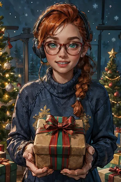 lis, orange hair, one braid, green eyes, glasses, headset, wearing christmas sweater, looking at viewer, smiling, happy, teeth, upper body shot,
christmasPresent,christmas,christmas lights,christmas ornaments,christmas tree,merry christmas,solo focus,giving gift box, gift, gift box, giving, holding gift, incoming gift,high quality, masterpiece,<lora:happyChristmas:.2> <lora:lis_(battlefield_2042):.6>