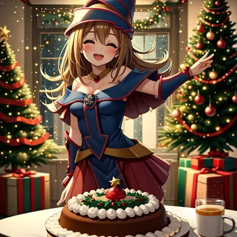 <lora:LCM_LoRA_Weights_SD15:1>,masterpiece,best quality,highly detailed,1girl,solo,smile,light smile,open mouth,closed eyes,
<lora:dark_magician_girl_v3:1>,hmdmg1, wizard hat, blush, blush stickers, cleavage, bare shoulders, dress, off shoulder,
BREAK
<lora:happyChristmas:0.4>,celebrateCake,christmas,christmas lights,christmas ornaments,christmas tree,merry christmas,solo focus,(((celebrateCake, standing next to a christmas cake))),