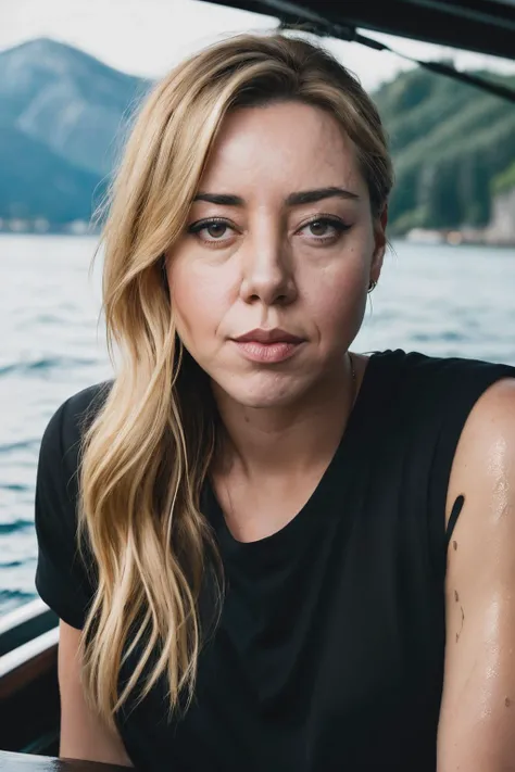 RAW, real photo portrait, aubreyPlaza1, on a boat, (wearing a wet black t-shirt), pretty face, insanely detailed eyes, light blonde hair, high ponytail, bokeh, natural light, depth of field, golden hour, sharp focus