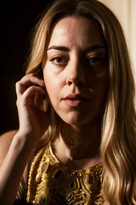 face shot of aubreyPlaza1, (serious look), (blonde medium length hair), (hand on chin), Photorealistic, Hyperrealistic, Hyperdetailed, analog style, hip cocked, demure, detailed skin, matte skin, soft lighting, subsurface scattering, realistic, heavy shadow, masterpiece, best quality, ultra realistic, 8k, golden ratio, Intricate, High Detail, film photography, soft focus, detailed skin texture, (blush:0.5), (goosebumps:0.5), subsurface scattering