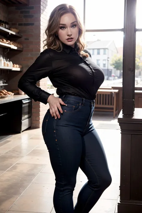 high fashion photography photo of CherylBlossom, (wearing black shirt, jeans:1.3), bakery, upper body, god rays, eye level, <lora:CherylBlossom:1>