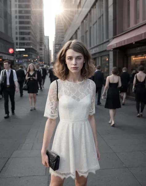 standing,posing for a picture, a 28yo german, long haircut, wearing a lacy gala dress, handbag <lora:EnbyGenderless_Mix_SD1.5:0.8> genderless, androgynous, masculine, flat chest, pectoral muscles, in the city, sunset, <lora:breastsizeslideroffset:-1>