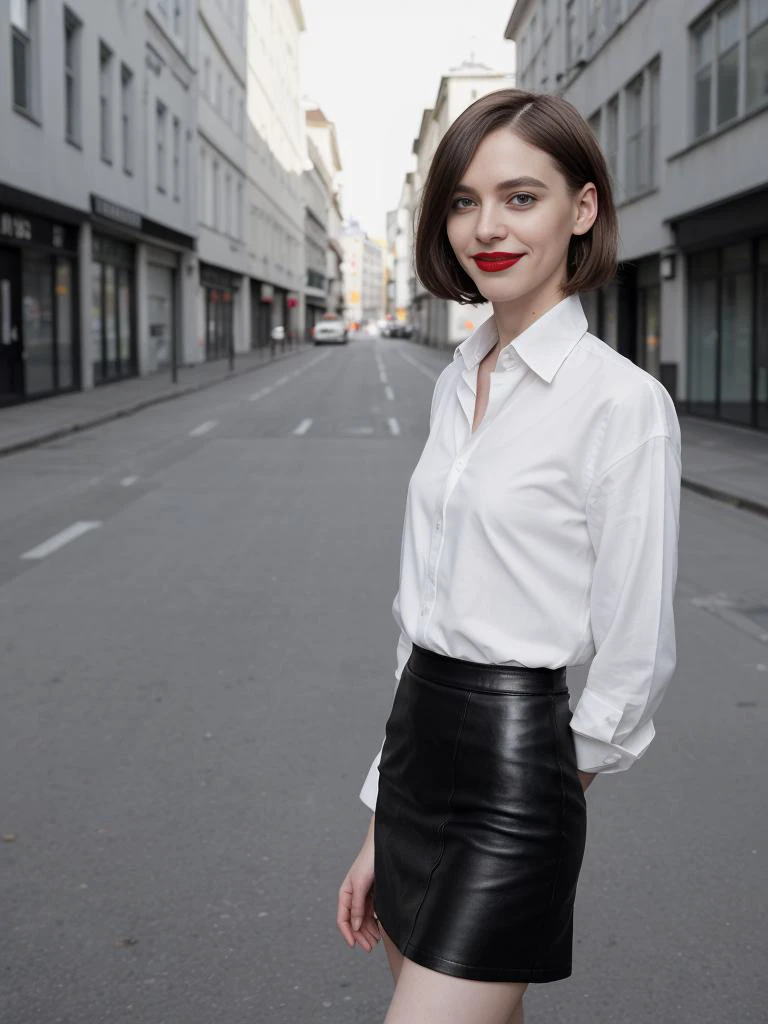 standing,posing for a picture, a 28yo german man, long haircut, natural make up, red lips, wearing white tucked shirt and black pencil leather skirt <lora:EnbyGenderless_Mix_SD1.5:0.5> genderless, androgynous, masculine, flat chest, pectoral muscles, smile, shy, urban background