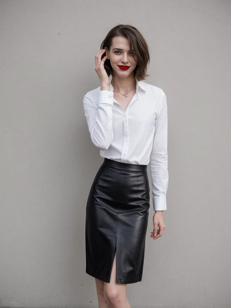 standing,posing for a picture, a 28yo german man, long wavy haircut, natural make up, red lips, wearing white tucked shirt and BREAK black pencil leather skirt <lora:EnbyGenderless_Mix_SD1.5:0.5> genderless, androgynous, masculine, flat chest, pectoral muscles, smile, shy, urban background