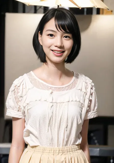 masterpiece,best quality,official art,extremely detailed CG unity 8k wallpaper,1girl, like student,pretty,an extremely delicate and beautiful,ultra high res, (photorealistic:1.4), ,golden hour lighting,,(upper body), (platinum short hair:0.8), ((puffy eyes)), looking at viewer, facing front, smiling, laughing,jk skirt, white dress,shirtlift, long black hair