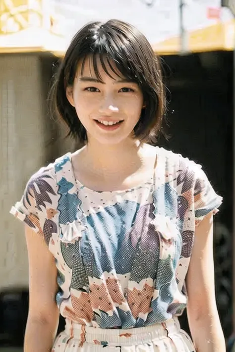 <lora:RenaNonen:0.9>,masterpiece,best quality,official art,extremely detailed CG unity 8k wallpaper,1girl, like student,pretty,an extremely delicate and beautiful,ultra high res, (photorealistic:1.4), ,golden hour lighting,,(upper body), (platinum short hair:0.8), ((puffy eyes)), looking at viewer, facing front, smiling, laughing,jk skirt, white dress,shirtlift, long black hair