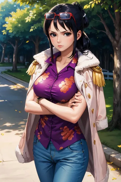 masterpiece, best quality, tashigi, black eyes, folded ponytail, eyewear on head, coat on shoulders, purple shirt, blue pants, cowboy shot, looking at viewer, crossed arms, large breasts, from above, serious, village <lora:tashigi-nvwls-v1-000010:0.9>