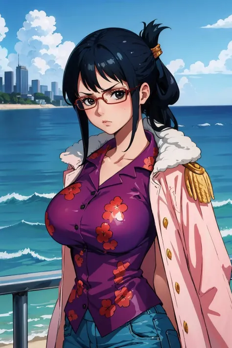 masterpiece, best quality, tashigi, black eyes, folded ponytail, glasses, pink coat, coat on shoulders, purple shirt, blue pants, upper body, looking at viewer, large breasts, serious, ocean, city <lora:tashigi-nvwls-v1-000010:0.9>