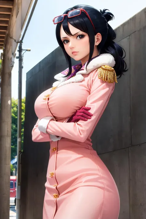 masterpiece, best quality, tashigi, black eyes, eyewear on head, large breasts, pink coat, pink gloves, epaulettes, looking at viewer, cowboy shot, from side, looking at viewer, serious, park, city, crossed arms <lora:tashigi-nvwls-v1-000010:0.9>