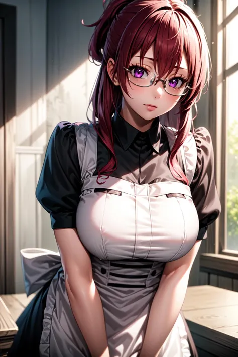 ((alone, woman1名, TakashiroHiroko, dark purple eyes, redhead, pink lipstick, very detailed, Ambient soft lighting, 4k, perfect eyes, perfect face, perfect lighting, 1 girl)), ((alone, (woman1名, pink lipstick), very detailed, Ambient soft lighting, 4k, perfect eyes, perfect face, perfect lighting, 1 girl)), Austria, ((shy, maid clothes, black outfit maid, apron maid, maid, Are standing, Are standing showing panties, woman, slender body, panties, underwear, skirt, lacy red panties, dark purple, Draw panties with super precision, side-tie panties, satin panties, Thighhighs, garter belt, skirt lift, show off panties)), document, Book, table, shelf, pencil holder, computer、camel toe、huge tit、nipple puff、cleavage、Bombshell、Tフロントunderwear