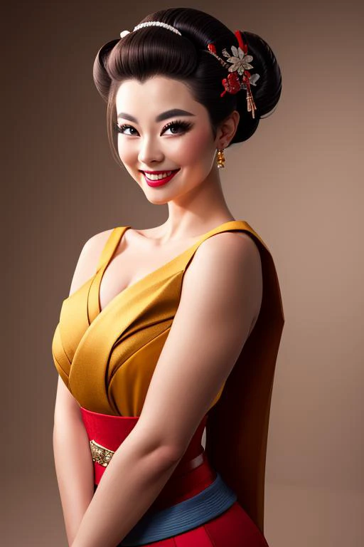 Portrait shot, fit outfit , naughty smile, tongue out, adult artist, Hollywood feeling, beautiful woman, The curvy/tomboyish form body, Twist updo hairstyle, Brown eyes colors, Seductive Geisha outfit, fit, gentle, Studio shoot background, facing viewer, detailed,
natural volumetric lighting, studioligthing,