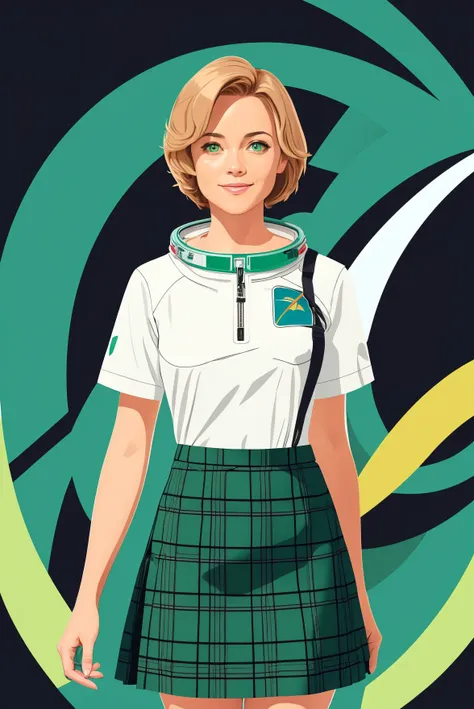 woman, solo, alternate hair color, light green eyes, astronaut,
([Olivia( :0)Wilde|Ta( :0)Leoni|Reese( :0)Witherspoon]:0.85), middle shot, drawing, vector art, illustration, flat lines, 
masterpiece, professional, high quality, beautiful, amazing, historic, Pixiv, plaid skirt,
masterpiece, highres,  4k, detailed background, twisted, (gentle:0.8),