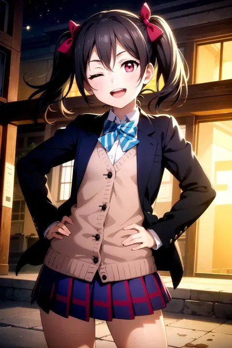(best quality, masterpiece, realistic, 16k), ultra detailed, ultra high resolution, (illustration), (beautiful detailed eyes), (1girl), (solo), yazawa nico, twintails, red eyes, black hair, hair bow, single sidelock, <lora:NicoLL_v1:0.5>, looking at viewer, long sleeves, bow, school uniform, jacket, white shirt, pleated skirt, one eye closed, open clothes, striped, collared shirt, miniskirt, bowtie, red bow, open jacket, blue skirt, hand on hip, plaid, v, plaid skirt, blazer, cardigan, ;d, wing collar, blue jacket, green bow, striped bow, winter uniform, otonokizaka school uniform, striped bowtie, green bowtie, pink cardigan, smile, open mouth, cinematic lighting, (blurry background:1.2),