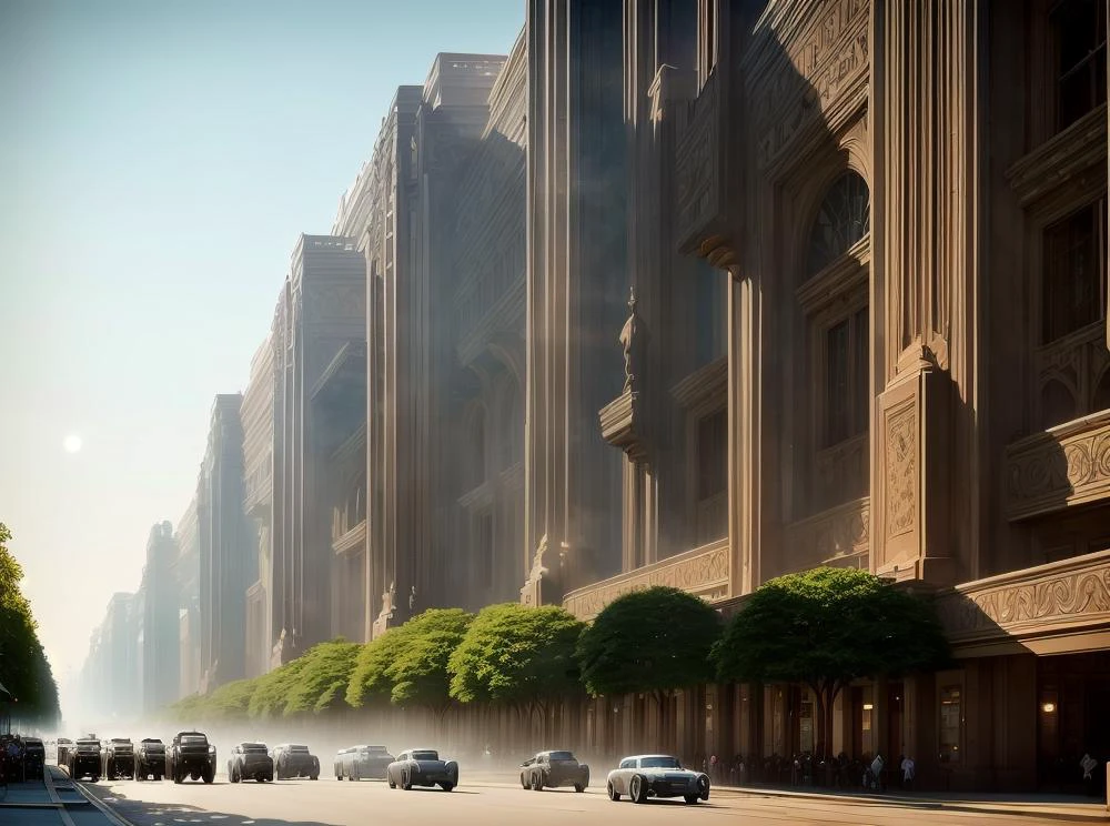(masterpiece:1.3), (best quality:1.2), chiaroscuro, Unreal Engine, CGI render, Hyperdetailed, vivid colors, modern era photograph, ultra high quality model, 8k Ultra HD, perfect composition, beautiful detailed intricate insanely detailed octane render, soft natural volumetric cinematic perfect light, perfect depth of field shot, ray tracing, photometry, beautiful, metallic deep colors, subsurface scattering, ultra realistic, (photorealism:1.1), 8 k artistic photography, hyperdetailed, absurdly detailed, scenery, city, buildings, idealized American city, busy city center, parks and greenery areas, parks, plazas, modern era photograph, skyscrapers, art deco, monumental architecture,
(uploaded and trending on imgur, pixiv, furaffinity, pinterest, e621, inkbunny, tumblr, deviantart, artstation, ),
(in the style of and art by midjourney, greg rutkowski, raphael, Frank Lloyd Wright, James Gurney, Thomas Kinkade, ),
<lora:ArtDecoArchitecture-10:0.85> <lora:futuristic_interior_composer:0.8>