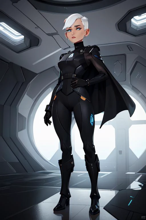 (sci-fi woman:1.2) a beautiful, striking  woman, sci-fi woman, gaunt face, long face, narrow face, chiseled facial features, white skin, (platinum white hair:1.1),<lora:hair_length_slider_v1:-7>,  (long sleeve  black cotton military uniform jacket, black slim fit cotton military uniform jacket,  simple, futuristic uniform jacket:1.1), black matte finish yoga pants, shiny black boots, shiny black armored shoulders, shiny black armored forearms, long black cape, flowing waist cloak, award winning interior design of a alien starship interior, black color scheme , futuristic, detailed , futuristic_interior, masterpiece, best quality, 8k, high details, (mid-shot:1.1), low (camera angle:1.1)  <lora:futuristic_interior_composer:1> <lora:futuristic_interior_refiner:.5>