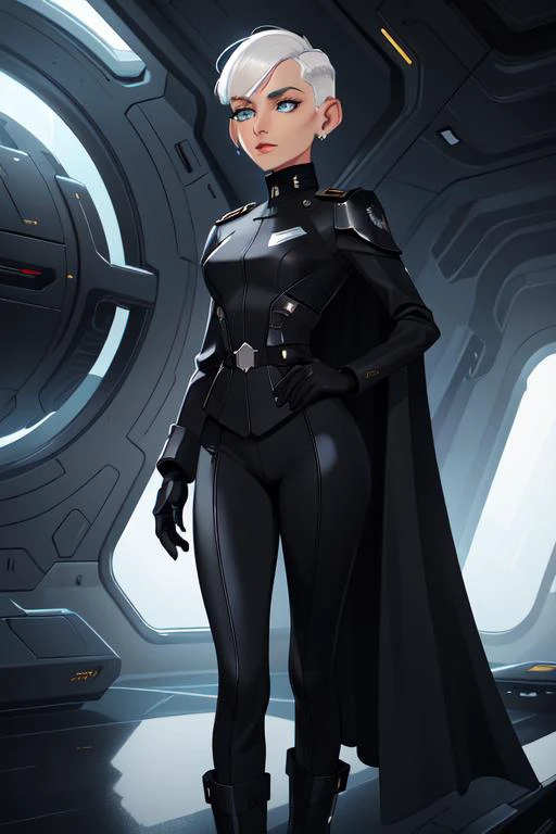 (sci-fi woman:1.2) a beautiful, striking  woman, sci-fi woman, gaunt face, long face, narrow face, chiseled facial features, white skin, (platinum white hair:1.1),<lora:hair_length_slider_v1:-7>,  (long sleeve  black cotton military uniform jacket, black slim fit cotton military uniform jacket,  simple, futuristic uniform jacket:1.1), black matte finish yoga pants, shiny black boots, shiny black armored shoulders, shiny black armored forearms, long black cape, flowing waist cloak, award winning interior design of a alien starship interior, black color scheme , futuristic, detailed , futuristic_interior, masterpiece, best quality, 8k, high details, (mid-shot:1.1), low (camera angle:1.1)  <lora:futuristic_interior_composer:1> <lora:futuristic_interior_refiner:.3>