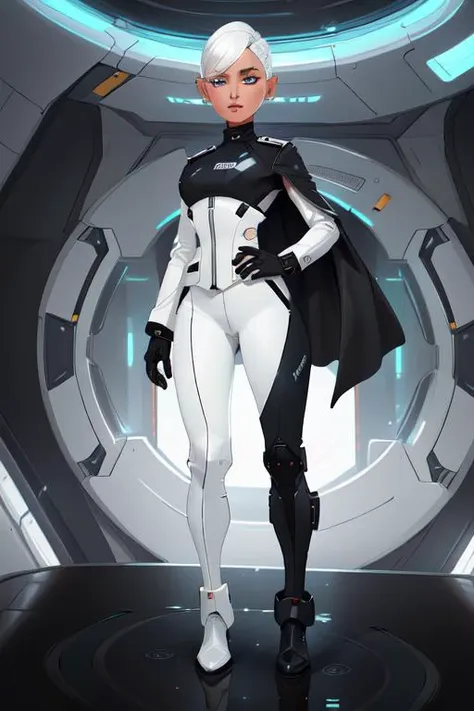 (sci-fi woman:1.2) a beautiful, striking  woman, sci-fi woman, gaunt face, long face, narrow face, chiseled facial features, white skin, (platinum white hair:1.1),<lora:hair_length_slider_v1:-7>,  (long sleeve  black cotton military uniform jacket, black slim fit cotton military uniform jacket,  simple, futuristic uniform jacket:1.1), black matte finish yoga pants, shiny black boots, shiny black armored shoulders, shiny black armored forearms, long black cape, flowing waist cloak, award winning interior design of a alien starship interior, black color scheme , futuristic, detailed , futuristic_interior, masterpiece, best quality, 8k, high details, (mid-shot:1.1), low (camera angle:1.1)  <lora:futuristic_interior_composer:1> <lora:futuristic_interior_refiner:1>