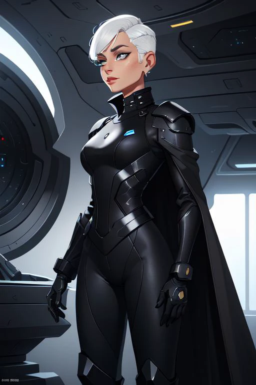 (sci-fi woman:1.2) a beautiful, striking  woman, sci-fi woman, gaunt face, long face, narrow face, chiseled facial features, white skin, (platinum white hair:1.1),<lora:hair_length_slider_v1:-7>,  (long sleeve  black cotton military uniform jacket, black slim fit cotton military uniform jacket,  simple, futuristic uniform jacket:1.1), black matte finish yoga pants, shiny black boots, shiny black armored shoulders, shiny black armored forearms, long black cape, flowing waist cloak, award winning interior design of a alien starship interior, black color scheme , futuristic, detailed , futuristic_interior, masterpiece, best quality, 8k, high details, (mid-shot:1.1), low (camera angle:1.1)  <lora:futuristic_interior_composer:1> <lora:futuristic_interior_refiner:0>