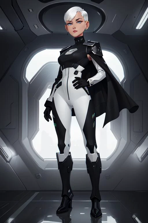 (sci-fi woman:1.2) a beautiful, striking  woman, sci-fi woman, gaunt face, long face, narrow face, chiseled facial features, white skin, (platinum white hair:1.1),<lora:hair_length_slider_v1:-7>,  (long sleeve  black cotton military uniform jacket, black slim fit cotton military uniform jacket,  simple, futuristic uniform jacket:1.1), black matte finish yoga pants, shiny black boots, shiny black armored shoulders, shiny black armored forearms, long black cape, flowing waist cloak, award winning interior design of a alien starship interior, black color scheme , futuristic, detailed , futuristic_interior, masterpiece, best quality, 8k, high details, (mid-shot:1.1), low (camera angle:1.1)  <lora:futuristic_interior_composer:1> <lora:futuristic_interior_refiner:.7>