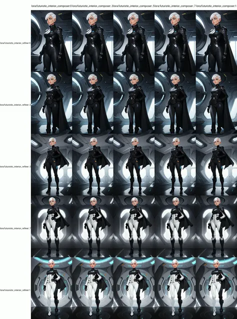 (sci-fi woman:1.2) a beautiful, striking woman, sci-fi woman, gaunt face, long face, narrow face, chiseled facial features, white skin, (platinum white hair:1.1),<lora:hair_length_slider_v1:-7>, (long sleeve black cotton military uniform jacket, black slim fit cotton military uniform jacket, simple, futuristic uniform jacket:1.1), black matte finish yoga pants, shiny black boots, shiny black armored shoulders, shiny black armored forearms, long black cape, flowing waist cloak, award winning interior design of a alien starship interior, black color scheme , futuristic, detailed , futuristic_interior, masterpiece, best quality, 8k, high details, (mid-shot:1.1), low (camera angle:1.1) <lora:futuristic_interior_composer:0> <lora:futuristic_interior_refiner:0>