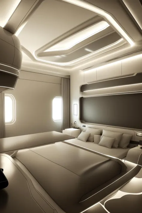 a futuristic bedroom with a bed and desk , a living room with a couch and a table
