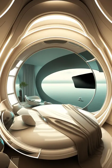 award winning interior design, futuristic, a bedroom with a round window and a bed