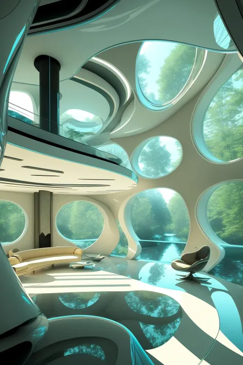 award winning interior design of a house in the nature, futuristic,
