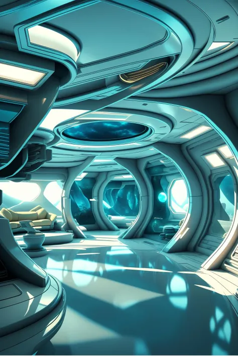 award winning interior design of a house on alien planet, sapphire planet, futuristic,