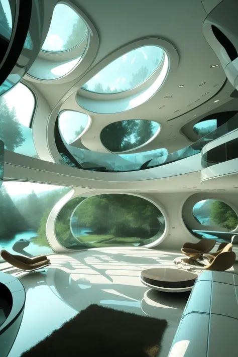 award winning interior design of a house in the nature, futuristic,